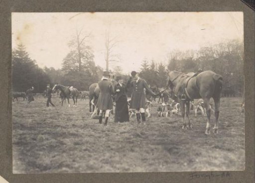 Equestrian scene at the Royal Gamekeeper's Lodge Het Loo: company with horses and hunting dogs in a meadow