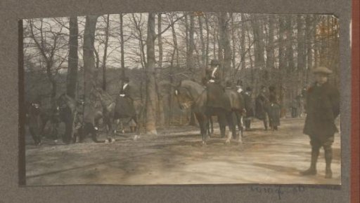Equestrian scene at the Royal Gamekeeper's Lodge Het Loo: riders with a pack of hounds in an avenue