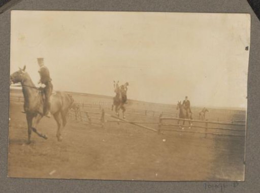 Equestrian scene at the Royal Hunting Lodge Het Loo: horses jumping over a fence
