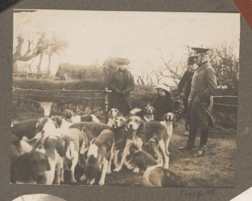 Equestrian scene at the Royal Game Preserve Het Loo: group including woman with child among pack of hounds