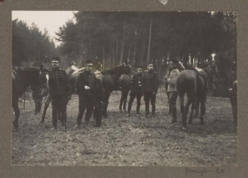 Equestrian scene at the Royal Game Preserve Het Loo: uniformed riders in a forest