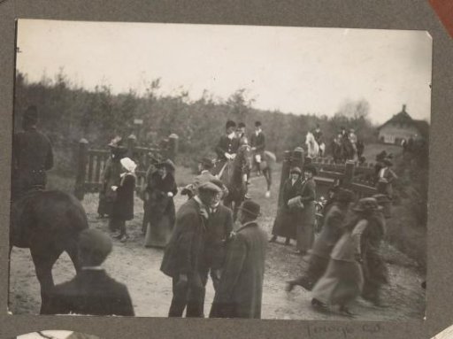 Equestrian scene at the Royal Woodlands of Het Loo: riders and public at a fence