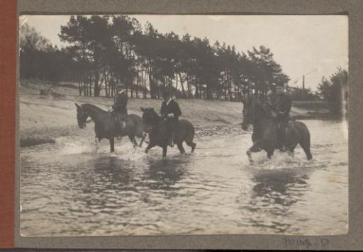 Equestrian scene at the Royal Hunting Lodge Het Loo: three men crossing a body of water on horseback