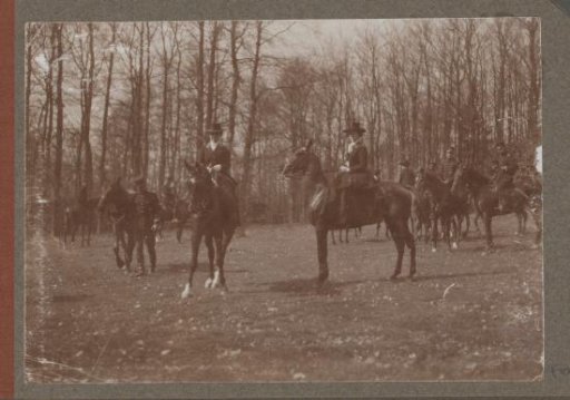 Equestrian scene at the Royal Woodlands of Het Loo: riders near a wood