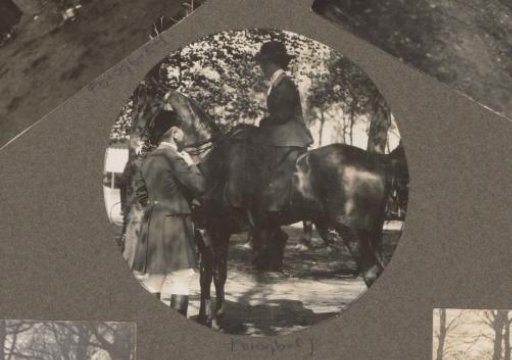 Equestrian scene at the Royal Forest Management Het Loo: man in conversation with woman riding side-saddle