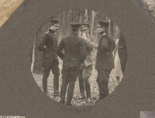 Equestrian scene at the Royal Forest Management Het Loo: four uniformed riders in a wood