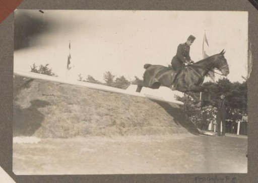 Equestrian scene at the Royal Forest Management Het Loo: uniformed rider takes an obstacle