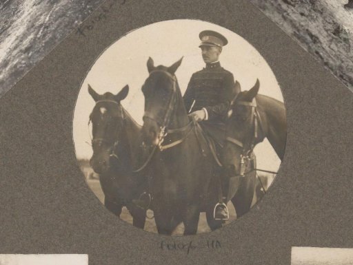 Equestrian scene at the Royal Forest Estate Het Loo: uniformed rider leads two other horses