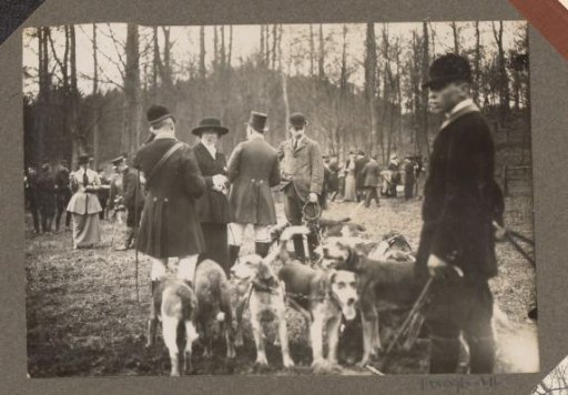 Equestrian scene at the Royal Forest Estate Het Loo: riders and public with a pack of hounds in a forest