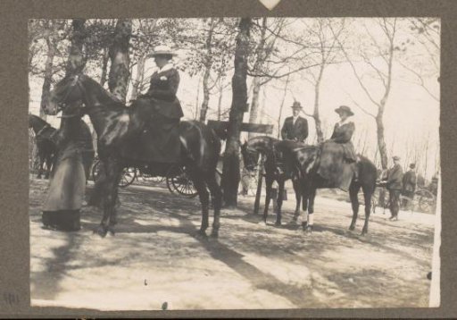 Equestrian scene at the Royal Forest Estate Het Loo: riders in side-saddle amidst public, carriages and bicycles