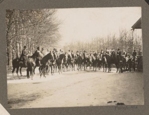 Equestrian scene at the Royal Forest Estate Het Loo: riders lined up side by side on a yard