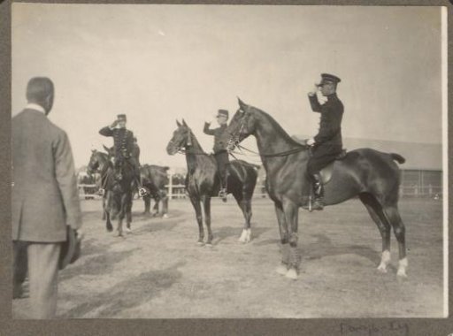 Equestrian scene at the Royal Forestry Het Loo: uniformed men on horseback, saluting