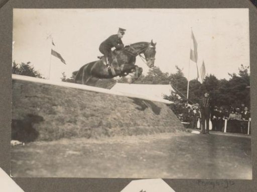 Equestrian scene at the Royal Forestry Het Loo: uniformed rider taking an obstacle on a racecourse