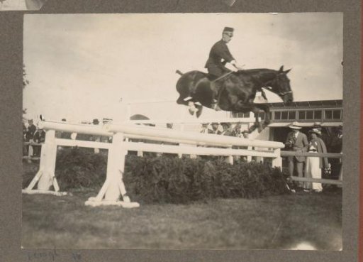Equestrian scene at the Royal Forestry Het Loo: uniformed rider taking an obstacle on a racecourse