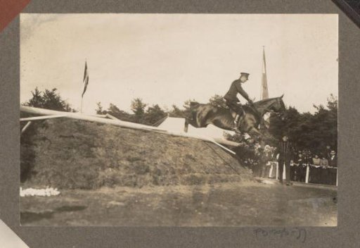 Equestrian scene at the Royal Forestry Het Loo: uniformed rider taking an obstacle on a racecourse