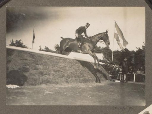 Equestrian scene at the Royal Forestry Het Loo: uniformed rider taking an obstacle on a racecourse