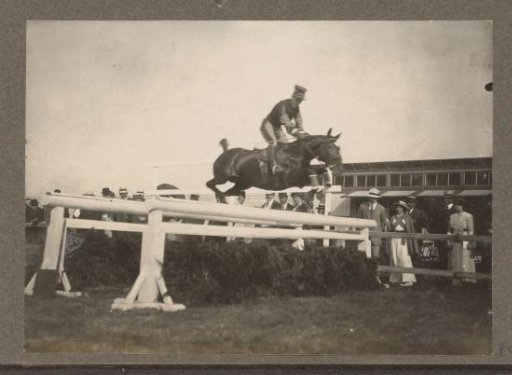 Equestrian scene at the Royal Forestry Het Loo: uniformed rider taking an obstacle on a racecourse