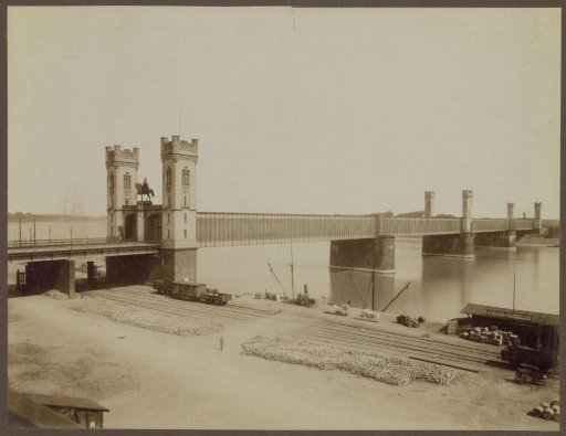 View of the Dombrücke in Cologne with goods transshipment in the foreground
