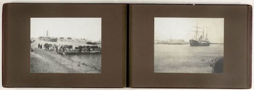 Merchants with pack animals at a port, presumably on the Suez Canal