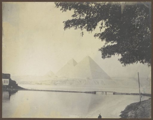 View of the pyramids of Giza from the water