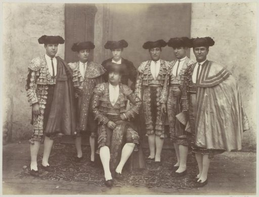 Group portrait of seven bullfighters, presumably in Spain