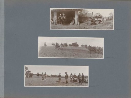 Two cars and soldiers on horseback on a hill in France