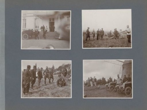 Soldiers, cars and horses at a mill in France