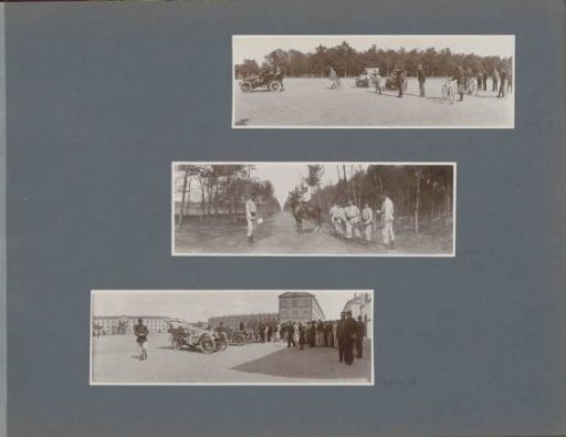 Soldiers and civilians near cars on a square in France, possibly near a barracks