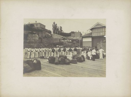 Marines with haversacks on the quay, probably in Sydney
