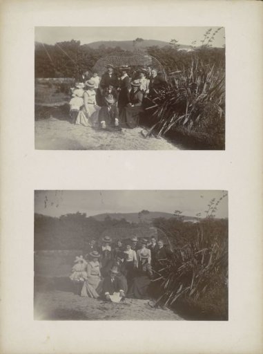 Group portrait of men and women in a garden, presumably in Sydney