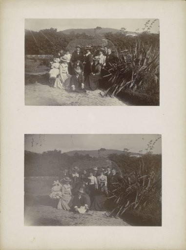 Group portrait of men and women in a garden, presumably in Sydney