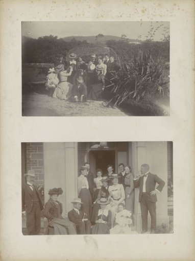 Group portrait of men and women in a garden, presumably in Sydney