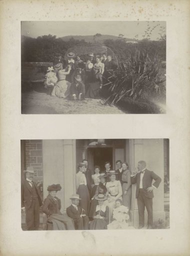 Group portrait of men and women at a doorway, presumably in Sydney
