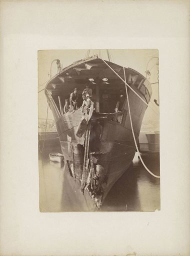 Men at work in the bow of a ship, probably in the harbour of Sydney