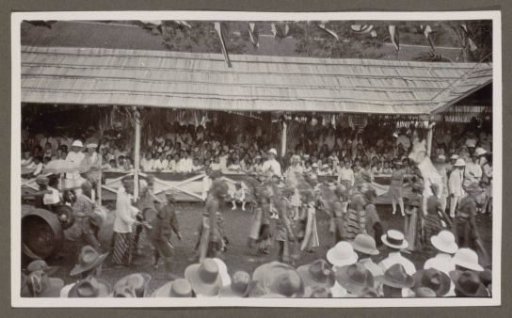 Participants in a parade before a tribune