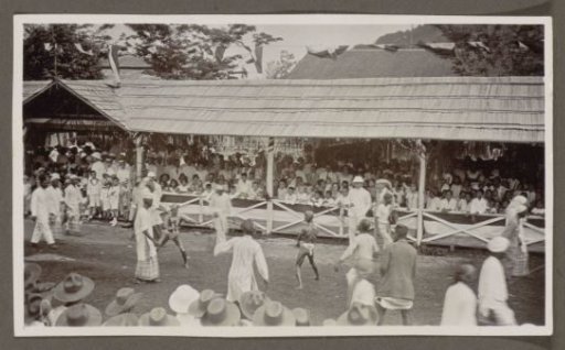 Participants in a parade before a tribune