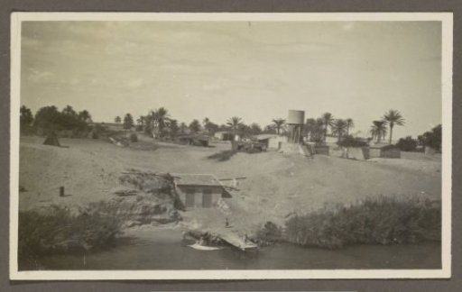 View of a village with a water basin and palms on a shore