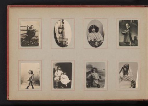 Children's portraits and a view of a bridge