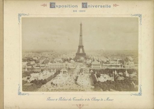View of the grounds of the 1900 World's Fair in Paris with the Eiffel Tower in the center
