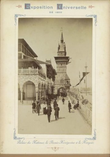 Pavilion of Bosnia-Herzegovina (in the foreground) and Hungary on the Rue des Nations in Paris