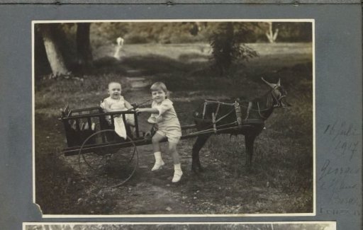 Children Georges and Hans Bergsma with a goat cart in a garden in Sumatra