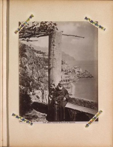 View of Amalfi from a monastery, with a Capuchin monk in the foreground