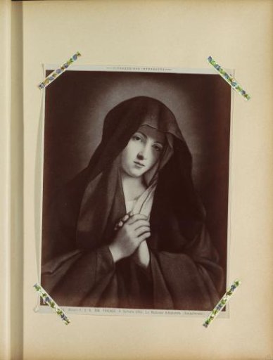 Photographic reproduction of a painting by Giovanni Battista Salvi depicting Mary with folded hands