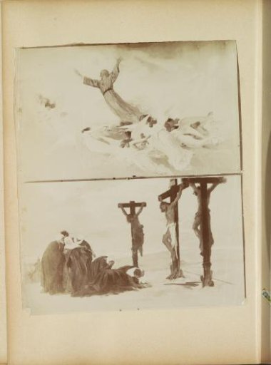 Photographic reproduction of (possibly) two drawings depicting the Ascension of Christ (upper) and the Lamentation of Christ under the Cross