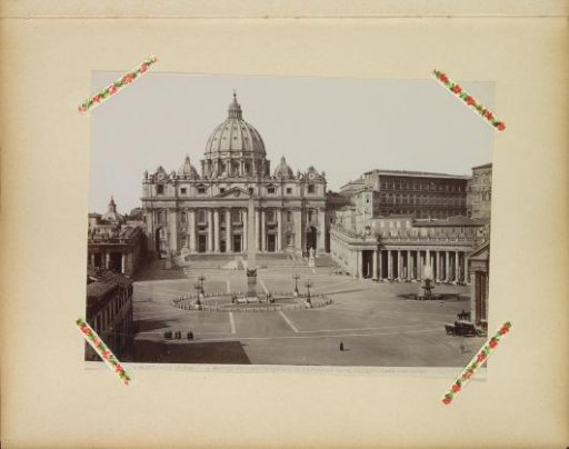 View of St. Peter's Square in Vatican City with St. Peter's Basilica, the obelisk, and (on the right) the Apostolic Palace