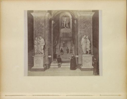 Photographic reproduction of (presumably) a drawing depicting kneeling worshippers on the Holy Stairs in the Lateran Palace in Rome