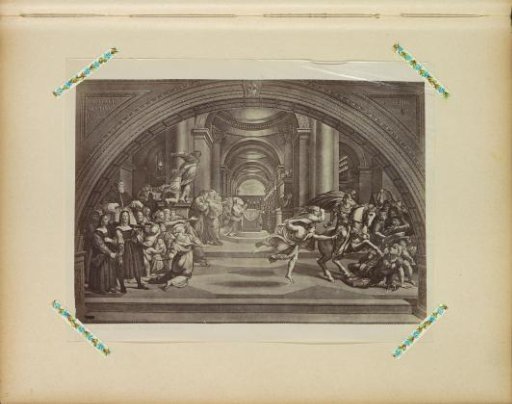 Photographic reproduction (possibly of an engraving), depicting the Expulsion of Heliodorus from the Temple (Stanza di Eliodoro) after a fresco by Raphael