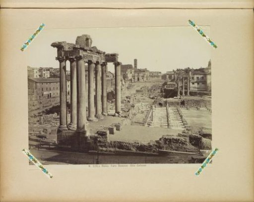 View of the Roman Forum in Rome with the columns of the Temple of Saturn on the left