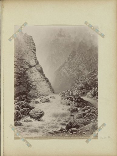 Photographic reproduction of a painting by I.N. Zankovsky, depicting a mountain landscape with bridge and river