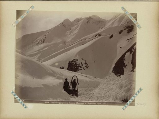 Horse-drawn sleigh on the military road through the mountains of Georgia